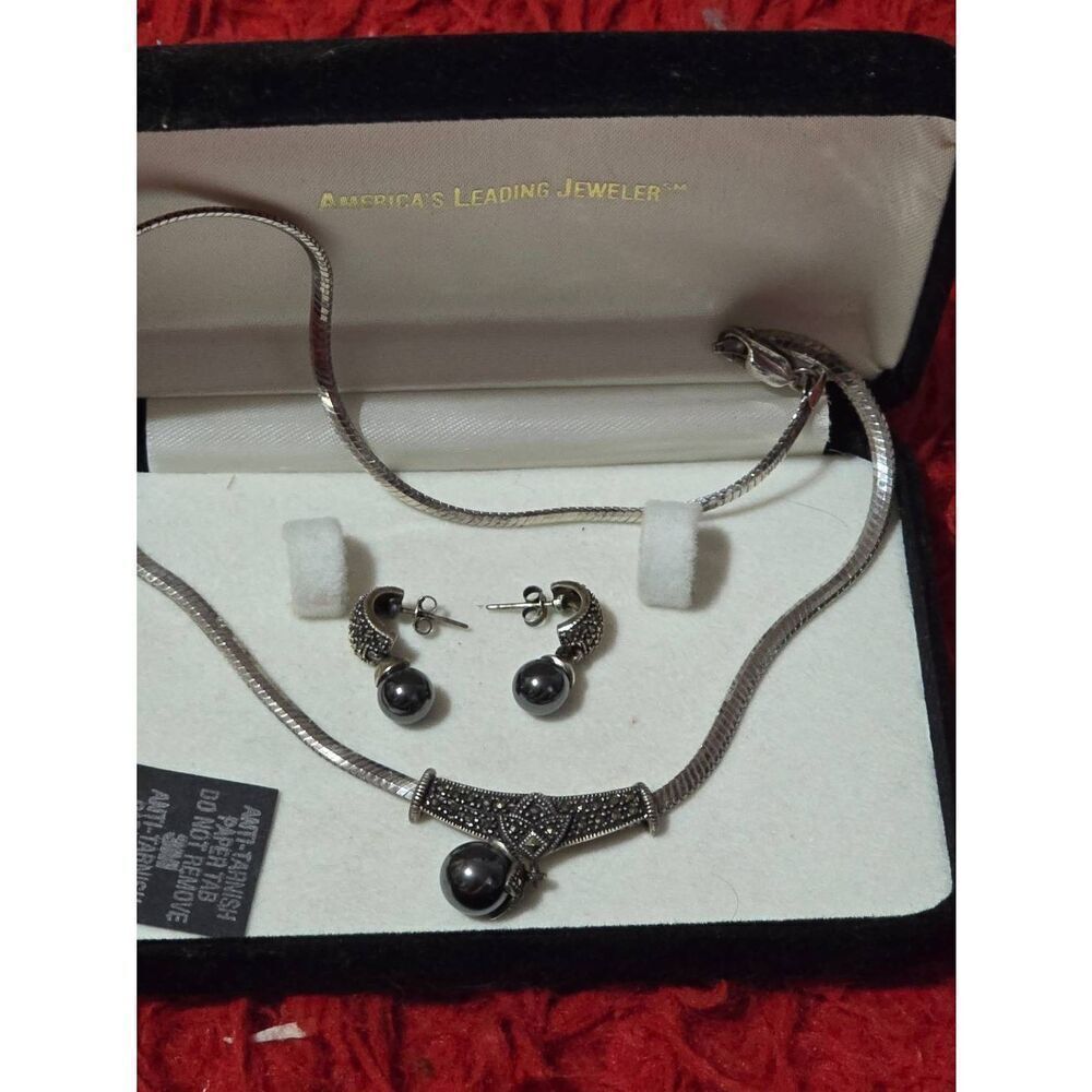 Vintage Sterling Silver and Marcasite with Black Pearls Necklace and Earrings Se